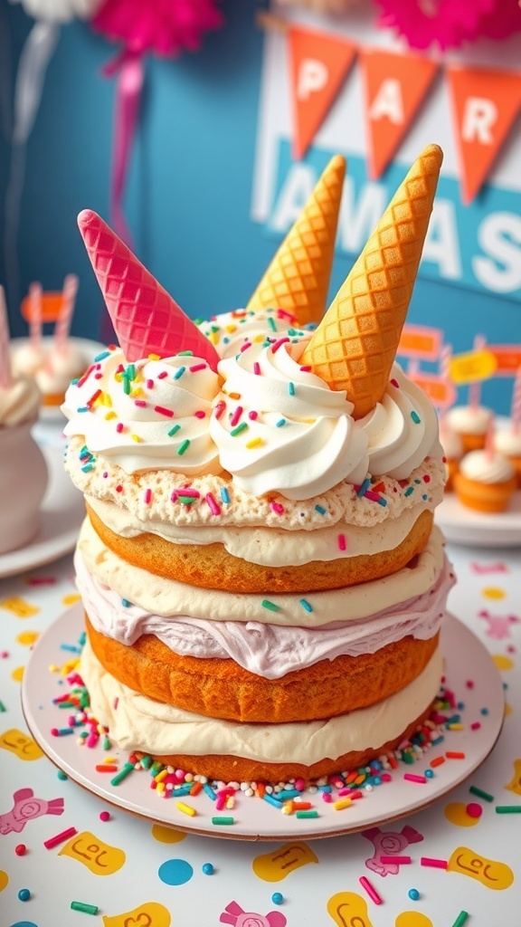 A whimsical ice cream cone cake with layers of cake and ice cream, decorated with sprinkles and cones, on a festive table.
